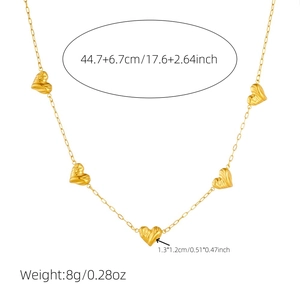 Gold stainless steel necklace with textured heart pendants and size specifications