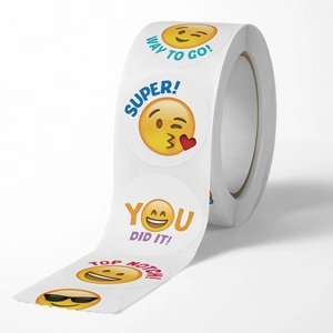 Roll of 500 colorful emoji reward stickers with motivational phrases for kids and teachers