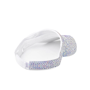 Detail of rhinestone sun visor hat with adjustable velcro strap and iridescent crystal gems