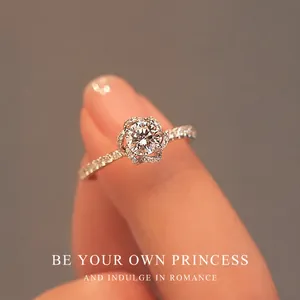 Exquisite rose-shaped simulated diamond ring in silver with sparkling pavé-set crystals