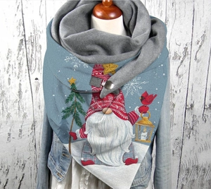 Detailed view of grey and blue Christmas scarf featuring festive gnome prints and button