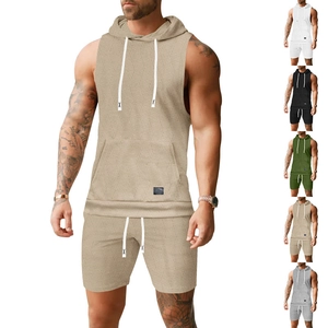 Haut À Capuche Et Short Été Homme Tricot Jacquard Texturé Tenue De Sport Gilet À Capuche Sans Manches
