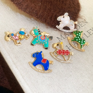 Chic vintage rocking horse brooches with enamel, rhinestones and pearls set of six