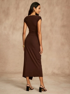 Slim fit sleeveless chocolate brown knit midi dress with stylish asymmetric side slit