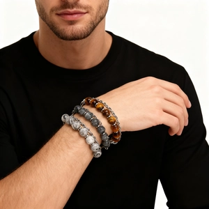 Men's natural tiger eye stone bead bracelets set with stainless steel NK chain links