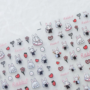 Autocollants à ongles lapin mignon avec motifs cœur et fraise pour manucure créative