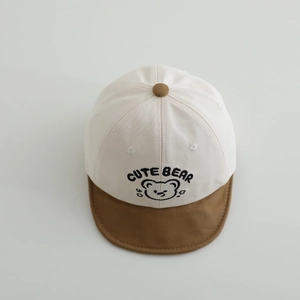 Two-tone embroidered baby baseball cap with Cute Bear design and soft brim in brown and beige