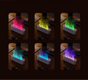 Detail view of colorful 3D flame aromatherapy diffuser with six LED light color options