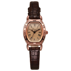 Vintage tonneau quartz watch with rose gold case and brown leather strap for women