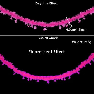 Detail of rose pink tinsel garland showing 2M length and neon glow effect in the dark