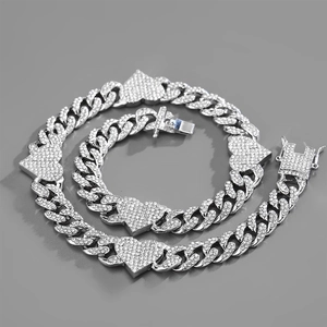 Silver cuban chain jewelry set with sparkling iced out heart links for men and women