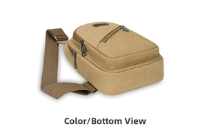 Detail view of khaki canvas cross-body bag with adjustable strap and sport logo