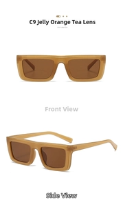 Front and side view of square jelly amber orange sunglasses with tea brown lenses
