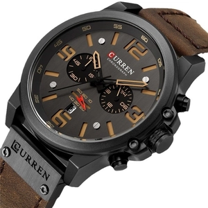 CURREN men's black chronograph watch with brown leather strap and orange markers