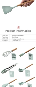 Detail specifications of green silicone kitchen utensil set with natural wooden handles