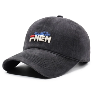 Washed black cotton baseball cap with white FNEN embroidery and curved sun visor