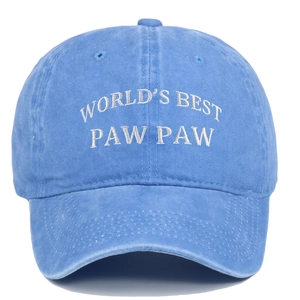 Close-up of white WORLD'S BEST PAW PAW embroidery on a washed blue cotton baseball cap