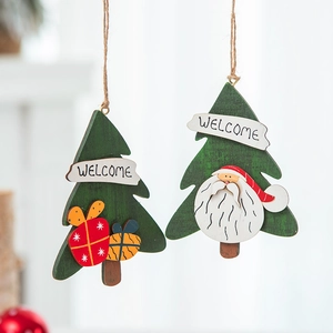 Hanging wooden faceless gnome and Christmas tree ornaments with Welcome print
