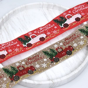 Christmas plaid linen ribbons with wired edge and Merry Christmas print on marble tray