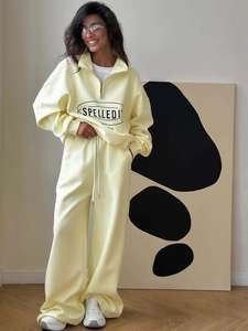 Women Half Zipper Sweatshirt And Wide Leg Pants Casual Streetwear Stand Collar Letter Print Cotton Blend Long Sleeve
