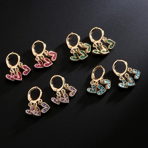 Triple Heart Drop Earrings Copper 18K Gold Plated Colorful Zircon Dangle Elegant Creative Jewelry For Women
