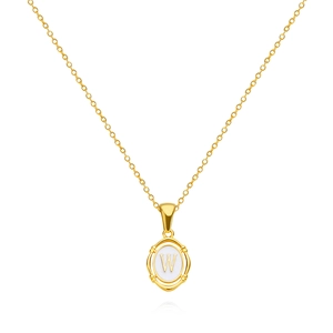 Macro detail of oval gold pendant with white enamel inlay and letter W on a fine chain