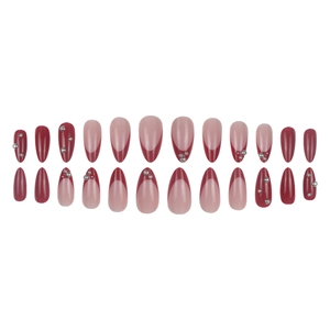 French almond press-on nails in burgundy and pink with silver bead accents, 24 piece set
