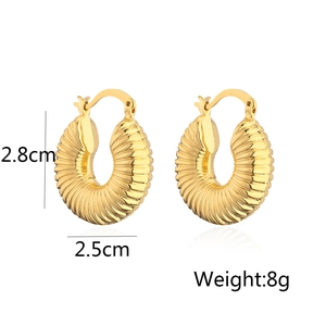 Detailed view of thick gold hoop earrings with ribbed texture and size measurements