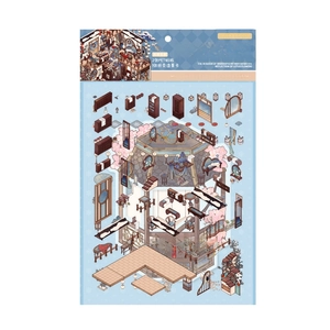 Chinese garden style PET sticker set with isometric pavilion and vintage furniture scenes