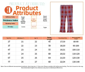 Size chart for girls checkered flared leggings detailing length, waist and hip measurements