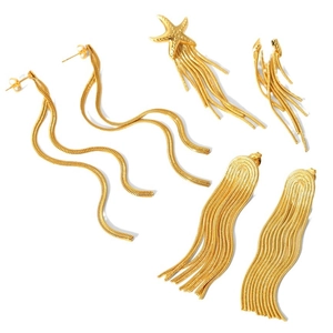 Three pairs of golden stainless steel tassel earrings featuring starfish and boho fringe charms