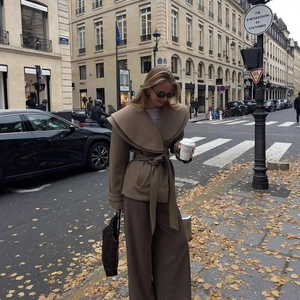 Damen Kurzer Wollmantel Großes Revers Gürteltaille Einfarbig Herbst Winter Streetwear Jacke