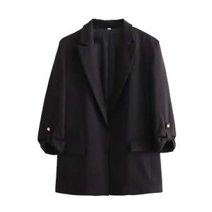 Classic black mid-length blazer for women with rolled sleeves and gold decorative buttons