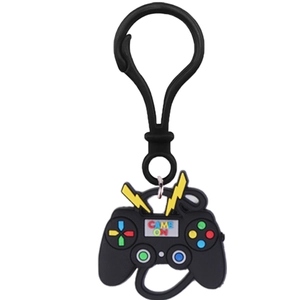 Macro shot of Game On silicone keychain with colorful buttons and black plastic hook