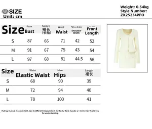 Detailed size chart for women's slim fit skirt set including chest, waist, and length measurements