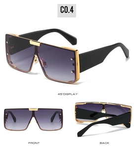 Three angles of square sunglasses with purple gradient lenses and gold metal trim details