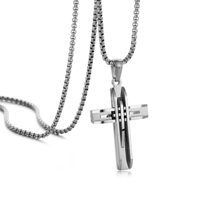 Polished silver multi-layer cross pendant necklace with box chain in stainless steel