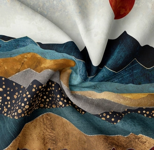 Macro detail showing woven polyester texture and abstract mountain landscape art on tapestry