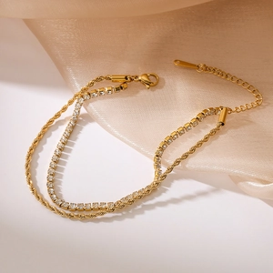 Double-layer gold chain bracelet with sparkling zircon stones and lobster clasp closure