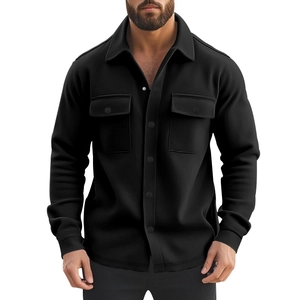 Detailed view of black slim fit jacket featuring front flap pockets and button-down collar