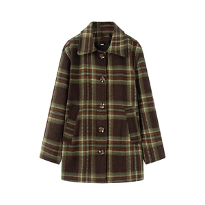 Damen Vintage Oversized-Wollmantel mit Karomuster in Braun und Grün und Knopfleiste