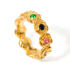Bague rose vintage en acier inoxydable doré 18 carats avec zircons ronds colorés