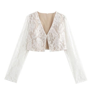 Close-up of elegant white floral lace cardigan detailing with size S label and soft inner lining