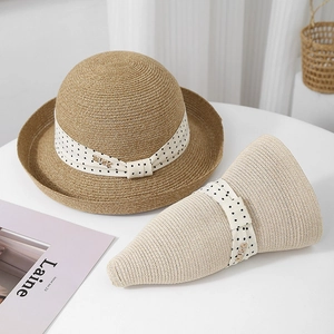 Hepburn style polka dot ribbon straw sun hats for women with wide brim and chic bow