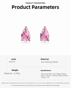 Macro shot of 925 sterling silver pear-cut pink zircon earrings with product specifications