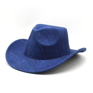 Classic dark blue Western cowboy hat with curled brim and premium fabric texture