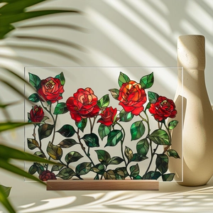 Detail of red rose acrylic plaque with faux stained glass texture on wooden base