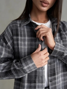 Chemise vintage à manches longues pour femmes, motif à carreaux gris et noir, coupe ample