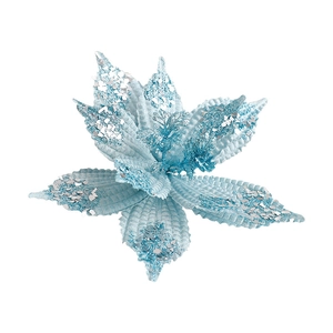 Light blue artificial poinsettia Christmas flower with silver glitter for holiday decoration