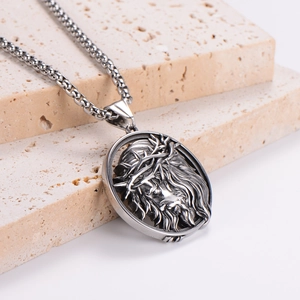 Retro stainless steel woven chain necklace with relief Jesus head round pendant